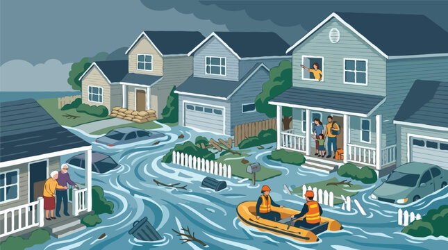 Emergency Inflatable Boat Rescuing Neighbors in a Flooded Suburb