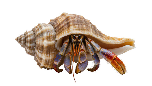 Hermit crab with colorful claws emerging from a spiral seashell