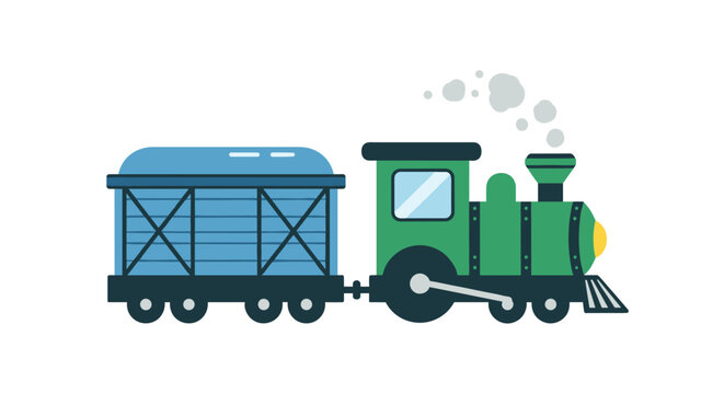 Green toy steam locomotive pulling a blue cargo carriage, emitting grey puffs of smoke over a plain white background.