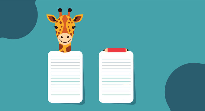 Cute cartoon giraffe peering over a white paper notepad next to another blank sheet on a blue graphic background.