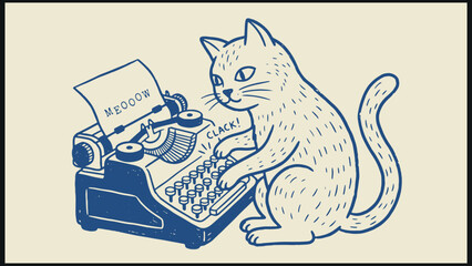 Stylized line art of upright cat using typewriter with paws pressing keys and paper showing meowow surrounded by clack sound in whimsical imaginative atmosphere © Abdul Waheed Studio