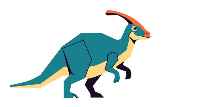 Colorful flat design of a parasaurolophus dinosaur walking, featuring distinctive orange crest and teal skin.