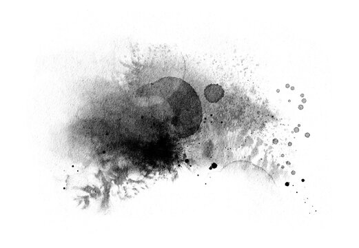Abstract ink blob, grunge art. Black paint stroke texture in marble style. Wallpaper design. Hand drawn watercolor isolated illustration on transparent background