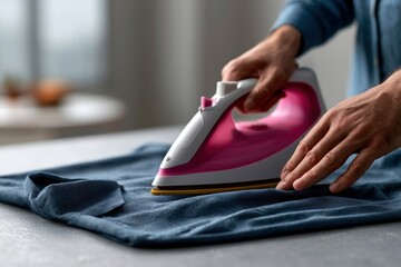 Fototapeta premium Electric steam iron pressing blue fabric in sharp focus macro shot for home appliance marketing