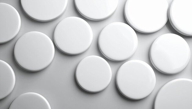 High angle view of multiple white circular blank badges arranged on a neutral grey background representing concept and design space.