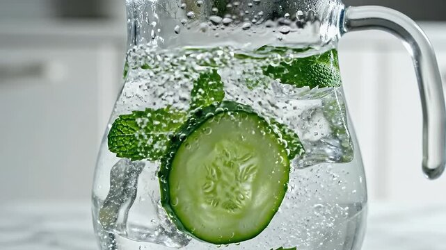 Slow motion dropping fresh cucumber slice into ice water pitcher