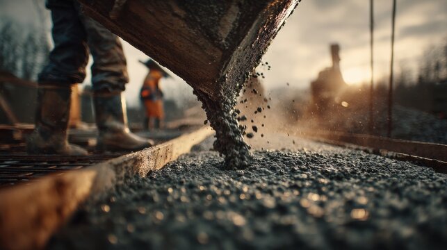 Pouring Wet Concrete onto a Reinforcement Mesh at a Construction Site during Sunset