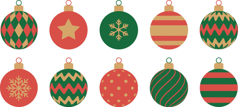 Christmas, ornament baubles vector set, ten decorative holiday ornaments in red green and gold with festive patterns for seasonal celebrations and branding.