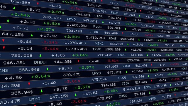 Stock market ticker tape, exchange data, prices, percentage changes and arrows up or down. Trading strategy, market data, business, investment, analyzing data, risk, wealth, financial markets