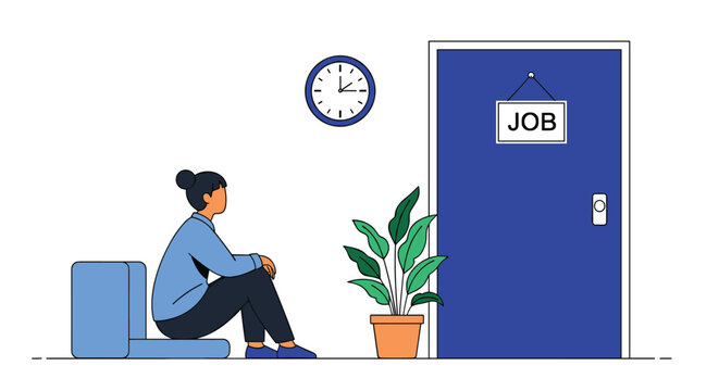 Young female job applicant sitting on a stool and waiting patiently for her interview next to a blue office door.