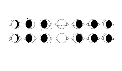 Celestial phases collection moon and planet line art graphic elements © Taijul