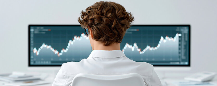 A documentary-style photograph capturing the essence of inflation's impact on investments, showing a financial analyst in deep thought with multiple screens displaying fluctuating stock prices, an