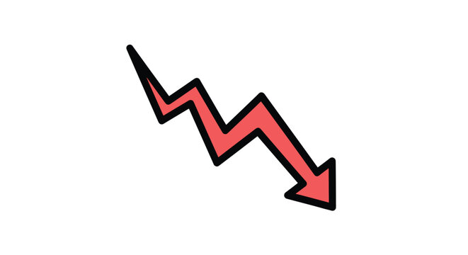 Jagged red arrow pointing downwards representing a severe financial crisis or economic drop on white background.