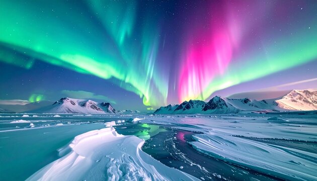 Breathtaking view of vibrant green and pink aurora borealis dancing over a snowy arctic landscape with frozen water and majestic mountains.