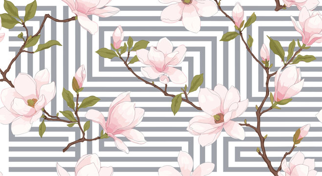 Beautiful seamless pattern with blooming pink magnolia flowers on branches over gray geometric maze background.