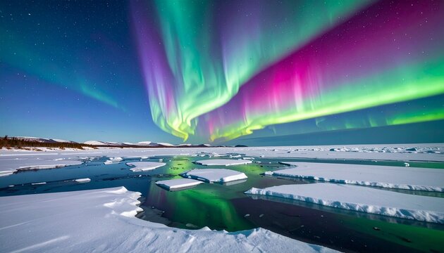 Breathtaking aurora borealis dancing over a frozen arctic landscape with glowing green and purple lights reflecting on ice and dark water.