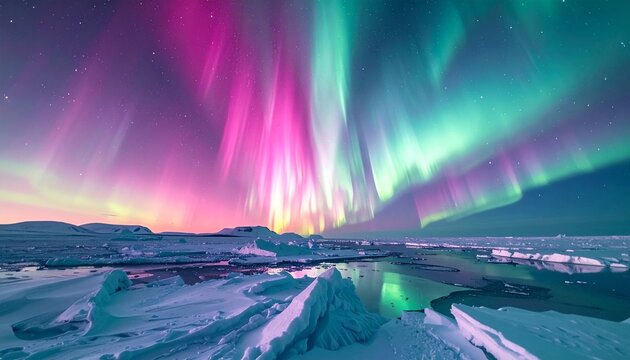 Vibrant aurora borealis dancing over a snowy arctic landscape with frozen ice formations reflecting under the starry night sky in winter.