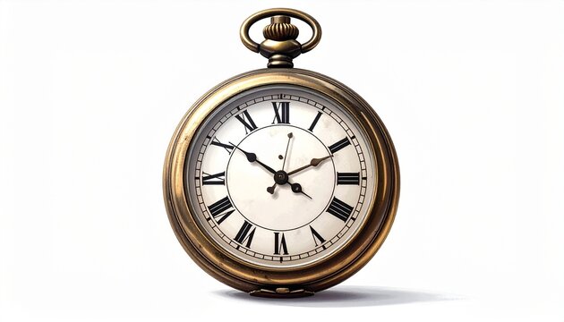 A beautiful vintage golden pocket watch with roman numerals displayed against a clean white background for conceptual time related photography.