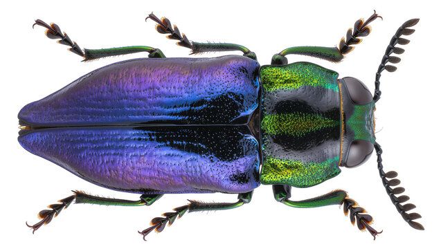 Iridescent metallic jewel beetle with purple and green carapace