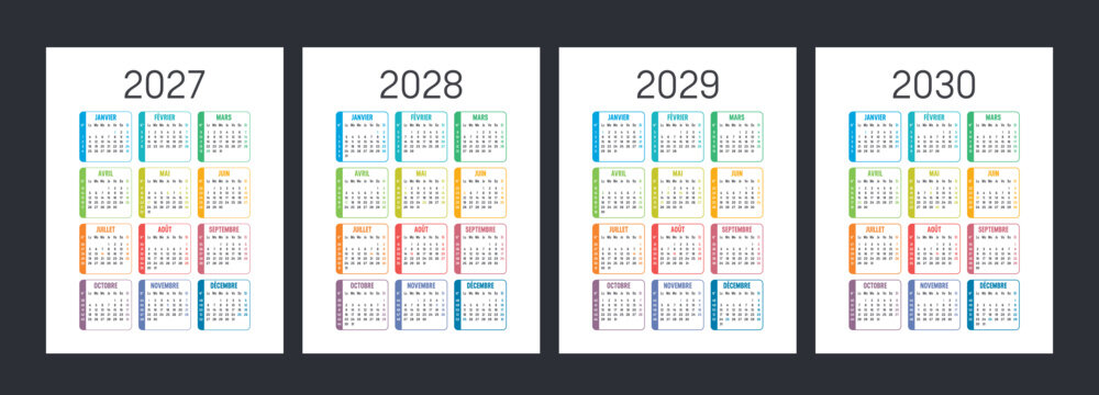 Calendriers fran&ccedil;ais 2027, 2028, 2029, 2030, couleur, vectoriel avec num&eacute;ros de semaine et jours f&eacute;ri&eacute;s France, sur fond blanc