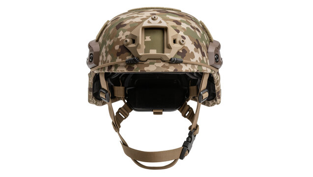 Tactical combat helmet with camouflage pattern and chin strap