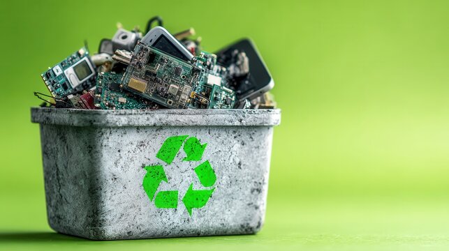 Electronic waste recycling concept with old circuit boards and smartphones in a recycle bin on green background