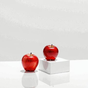 Two red apples on white pedestals
