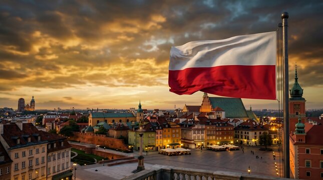 Polish national flag waving over Warsaw Old Town square under orange sunset sky architectural landscape