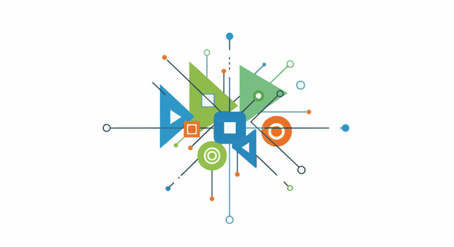 Colorful geometric shapes with lines and circles on white background