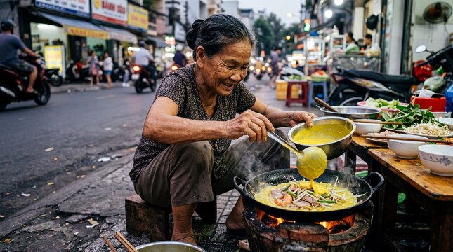 elderly Vietnamese woman squatting at street market grandmother local vendor scene about daily life resilience aging tradition community and authentic Vietnam culture for travel culture