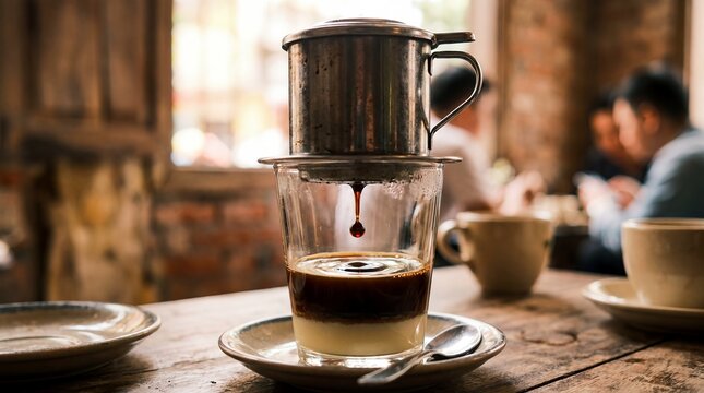 phin coffee Vietnamese drip brewing dark robusta cup condensed milk scene about cafe culture traditional drink morning routine and Southeast Asian food tourism for travel culture tourism