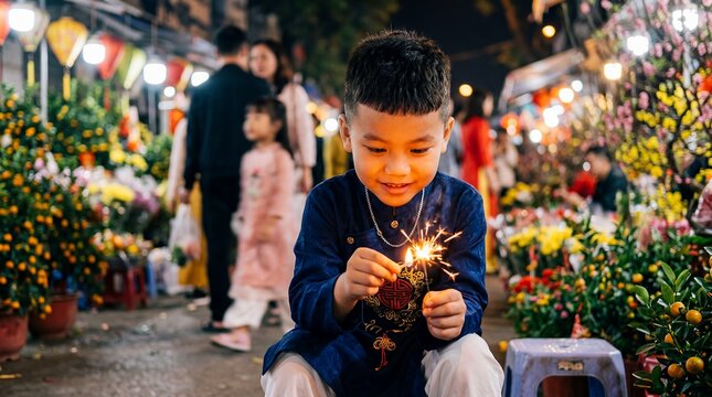 young Vietnamese boy traditional clothing child portrait culture closeup scene about childhood heritage family festival identity and authentic Vietnam travel lifestyle for travel culture