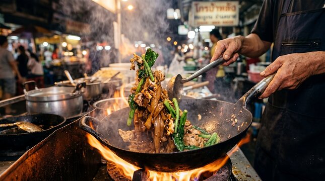 Thai pad see ew noodles wok flat rice noodles street food closeup scene about stir fry cooking soy sauce flavor and authentic Bangkok market dining for travel culture tourism lifestyle