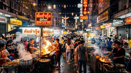 Obraz premium Yaowarat Chinatown Bangkok street food night market Thailand neon signs crowd travel scene about urban dining tourism local culture and vibrant evening life for travel culture tourism