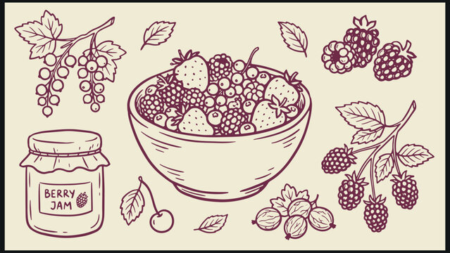 Hand drawn sketch of assorted berries in bowl with jar of jam surrounded by individual fruits and leaves in monochrome botanical style