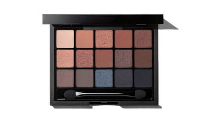 Fototapeta premium Eyeshadow palette with fifteen neutral and blue shades and applicator