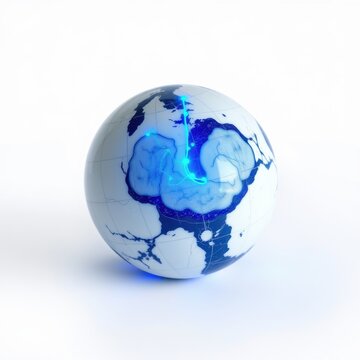Globe illustration shows continents, oceans. Blue light emanates from arctic region, suggesting connectivity or energy flow. Minimalist style.