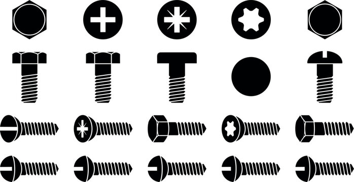 Mechanical Fastener Bolt and Screw Silhouette Icon Set with Side Profiles and Top Drive Views for Construction Hardware Engineering Graphic Designs