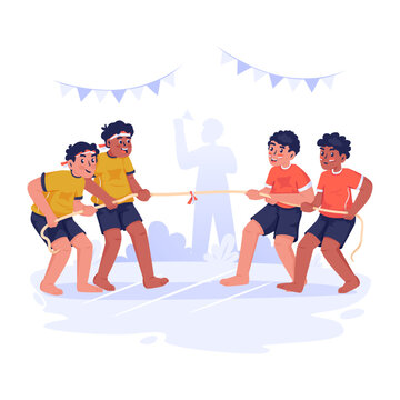 Children Competing in Traditional Tug of War Game During Independence Day Celebration Vector Illustration
