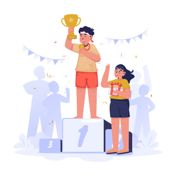 Boy Champion Standing on Winner Podium Holding Trophy and Medal Vector Illustration