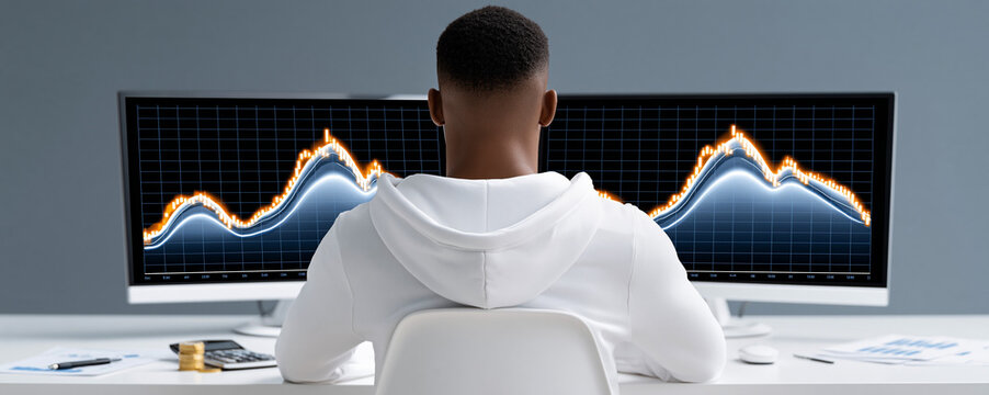 A documentary-style photograph capturing the essence of inflation's impact on investments, showing a financial analyst in deep thought with multiple screens displaying fluctuating stock prices, an