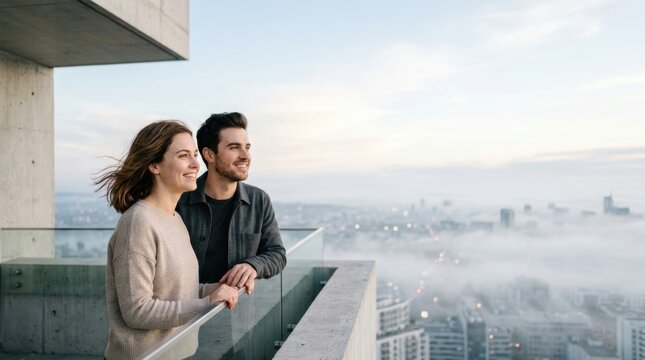 Two people standing together on a modern high-rise balcony, looking out over a foggy cityscape at dawn, symbolizing shared future vision, hope, and mutual reliance.