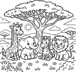 Fototapeta premium Cartoon safari animals under an acacia tree cartoon animals lion zebra