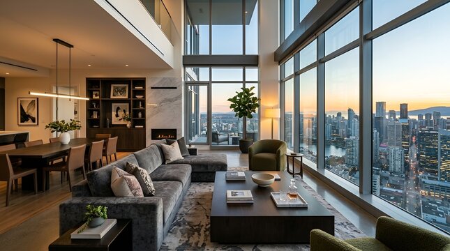Luxury Penthouse Living Room with City View at Sunset