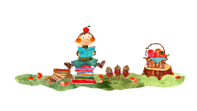本を読んで読書の秋を楽しむ可愛い子どもとどんぐりの手描き水彩イラスト
 Cute hand-drawn watercolor illustration of a child reading books in autumn