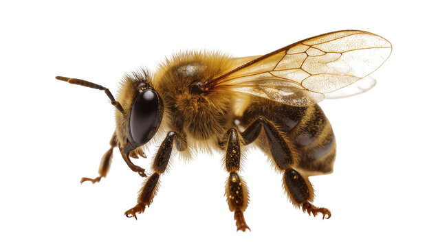 Honey bee with fuzzy body and wings on white
