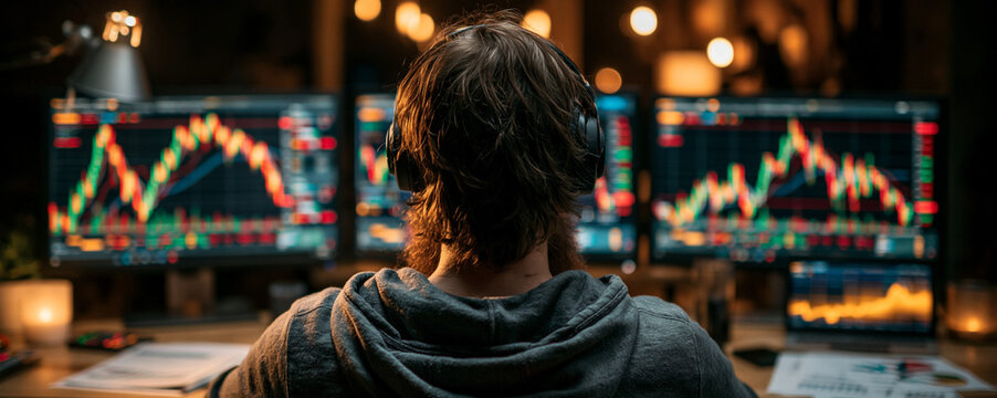 A documentary-style photograph capturing the essence of inflation's impact on investments, showing a financial analyst in deep thought with multiple screens displaying fluctuating stock prices, an