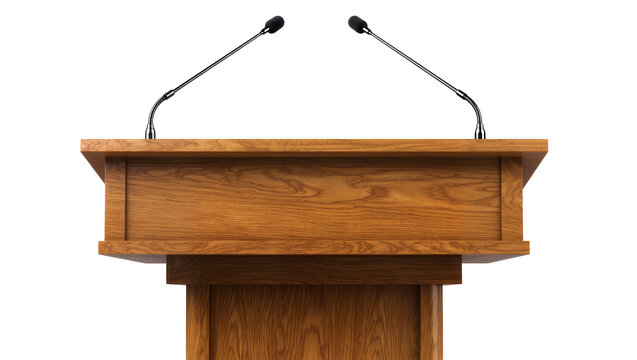 Wooden podium with two microphones for public speaking