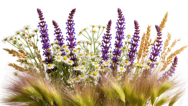 Wildflower bouquet with purple salvia daisies wheat, and foxtail grass