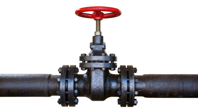 Industrial pipe valve with red handwheel and flanges